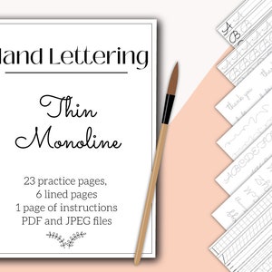 Thin Monoline Hand lettering worksheets pdf and jpeg printable and digital modern calligraphy practice procreate ipad beginner