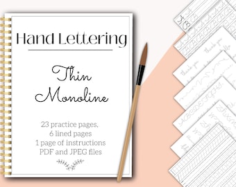Thin Monoline Hand lettering worksheets pdf and jpeg printable and digital modern calligraphy practice procreate ipad beginner