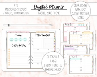 Undated Digital Planner with Hyperlinks, 470 Pre-cropped Stickers, Custom Sections, Goodnotes file, Pastel Boho Design, 7 Covers