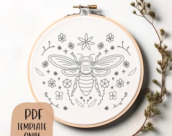 Honey Bee and Flowers Hand Embroidery Template - PDF Embroidery Pattern - Bee Embroidery - Floral Embroidery - Garden Embroidery