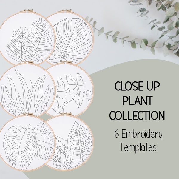 Close Up Plants Set Embroidery Template - Doodle Embroidery - PDF Template - DIY Hoop Art - Embroidery Pattern - Houseplants, Monstera