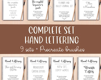 Complete Set Hand Lettering Bundle with Procreate Brushes - PDF and JPEG worksheets - Digital or Printable - Shop Set