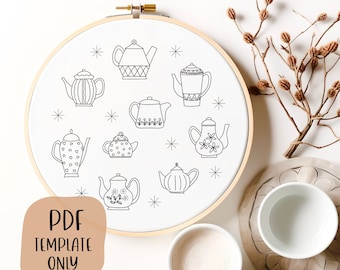 Teekannen Hand Stickvorlage - Gemütliche Stickerei - DIY Hoop Art - Stickmuster - Teekanne