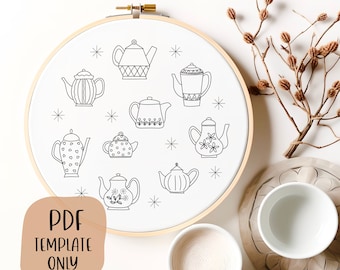 Teapots Hand Embroidery Template - Cozy Embroidery - DIY Hoop Art - Embroidery Pattern - Tea Pot