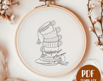 Teetassen Handstickerei Vorlage - Gemütliche Stickerei - DIY Stickdatei - Teetassen