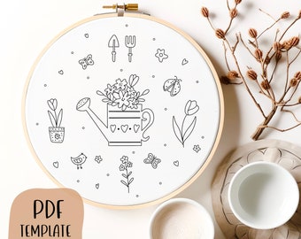 Gardening Embroidery Template - Doodle Embroidery - PDF Template - DIY Hoop Art - Embroidery Pattern - Flowers, Herbs, Seeds