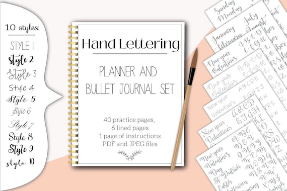 Hand lettering worksheets planner and bullet journal words - pdf and jpeg - modern calligraphy practice procreate ipad - digital printable