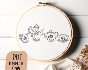 Tea Set Hand Embroidery Template - Cozy Embroidery - DIY Hoop Art - Embroidery Pattern - Quote