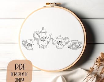 Tee Set Handstickerei Vorlage - Gemütliche Stickerei - DIY Hoop Art - Stickmuster - Zitat
