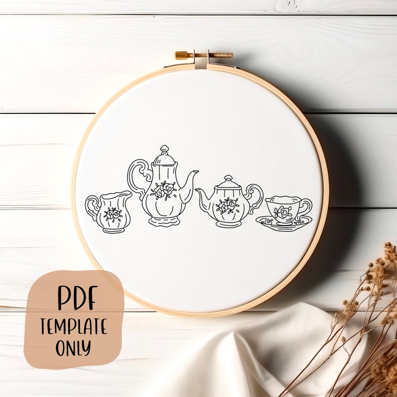 Tea Set Hand Embroidery Template Cozy Embroidery DIY Hoop Art Embroidery Pattern Quote image 1