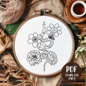 Snake Embroidery - Hand Embroidery Template - PDF Template - DIY Hoop Art - Embroidery Pattern - Snake and Flowers
