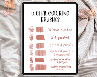 Conjunto de pinceles Procreate: 6 pinceles para colorear digitalmente: lápices de colores, pinturas y pasteles, con textura y suaves, monolínea y pincel.