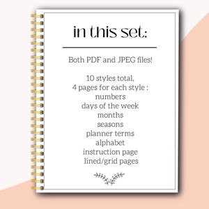 May include: A white page with black text that reads "in this set: Both PDF and JPEG files! 10 styles total, 4 pages for each style: numbers, days of the week, months, seasons, planner terms, alphabet, instruction page, lined/grid pages". The page is part of a spiral bound notebook.