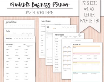 Small Business Printable Planner, 72 Sheets, Letter a4 a5 and Half Letter, Manage Online Business, Track Stats and Finances Boho Pastel