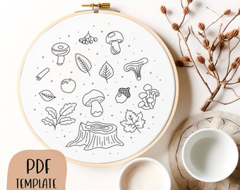 Modèle de broderie à la main Fall Things - Broderie d’automne - DIY Hoop Art - Motif de broderie - Champignons