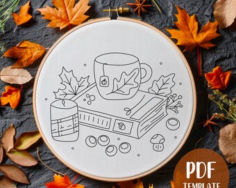 Plantilla de bordado a mano para pila de libros de otoño - Bordado de otoño - Arte de aro para hacer uno mismo - Patrón de bordado - Bordado de otoño