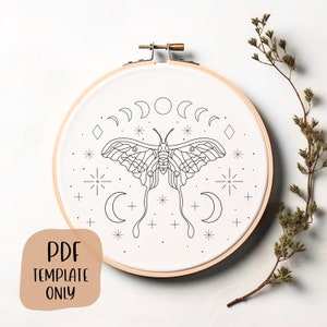 Luna Moth Hand Embroidery Template - Witchy Embroidery - PDF Template - DIY Hoop Art - Moon Phase Embroidery - Embroidery Pattern