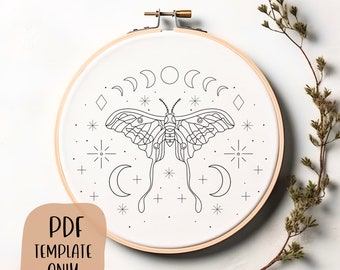 Luna Moth Hand Embroidery Template - Witchy Embroidery - PDF Template - DIY Hoop Art - Moon Phase Embroidery - Embroidery Pattern