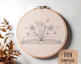 Open Book and Flowers Embroidery Template - Doodle Embroidery - PDF Template - DIY Hoop Art - Embroidery Pattern