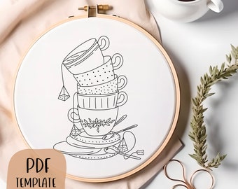 Teacups Hand Embroidery Template - Cozy Embroidery - DIY Hoop Art - Embroidery Pattern