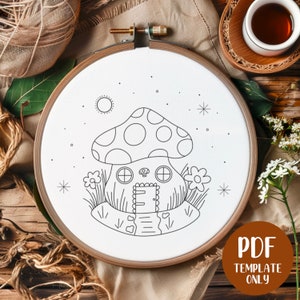Mushroom House - Hand Embroidery Template - PDF Template - DIY Hoop Art - Embroidery Pattern - Woodland
