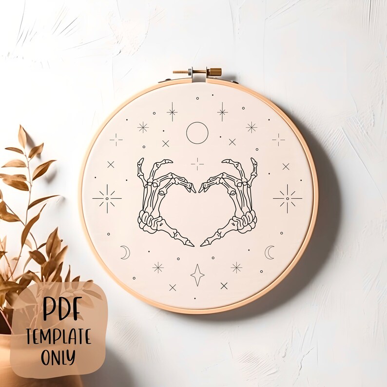 Skeleton Hand Embroidery Template DIY Hoop Art Embroidery Pattern Heart Hands image 3