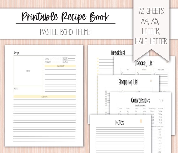 Printable Recipe Book 20 Sheets Letter A4 A5 Half Letter | Etsy