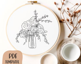 Flower in Jar Embroidery Template - Doodle Embroidery - PDF Template - DIY Hoop Art - Embroidery Pattern - Flowers, Floral