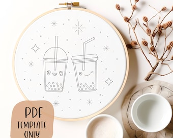 Kawaii Boba Drinks Hand Embroidery Template - Cute Embroidery - DIY Hoop Art - Embroidery Pattern