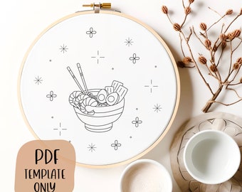 Modèle de broderie à la main Ramen Bowl - Broderie alimentaire - DIY Hoop Art - Motif de broderie - Nourriture japonaise