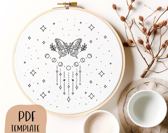 Modèle de broderie à la main papillon - Broderie sorcière - Modèle PDF - DIY Hoop Art - Motif de broderie - Phases de lune