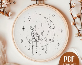 Katze und Mond Handstickerei Vorlage - Witchy Embroidery - PDF Vorlage - DIY Hoop Art - Stickmuster