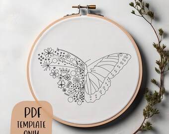 Butterfly Flowers Hand Embroidery Template - Butterfly and Flowers Embroidery - PDF Template - DIY Hoop Art - Embroidery Pattern