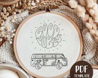 May include: A black and white embroidery pattern of a vintage van with flowers and the words "Good Vibes" in a circle.