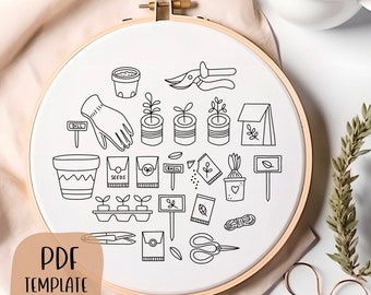 Gardening Embroidery Template - Doodle Embroidery - PDF Template - DIY Hoop Art - Embroidery Pattern - Flowers, Herbs, Seeds