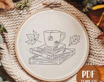 Plantilla de bordado a mano para pila de libros de otoño - Bordado de otoño - Arte de aro para hacer uno mismo - Patrón de bordado - Bordado de otoño
