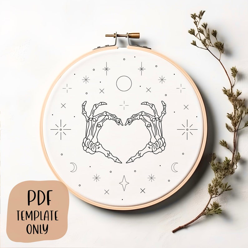Skeleton Hand Embroidery Template DIY Hoop Art Embroidery Pattern Heart Hands image 5