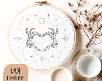 Skeleton Hand Embroidery Template - DIY Hoop Art - Embroidery Pattern - Heart Hands