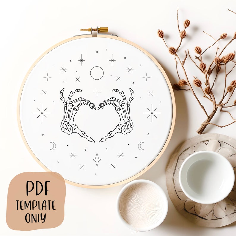Skeleton Hand Embroidery Template DIY Hoop Art Embroidery Pattern Heart Hands image 1