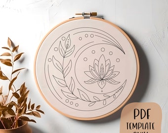 Moon and Lotus Hand Embroidery Template - Doodle Embroidery - PDF Template - DIY Hoop Art - Embroidery Pattern