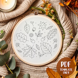 Autumn Leaves Hand Embroidery Template - Fall Embroidery - DIY Hoop Art - Embroidery Pattern - Acorns