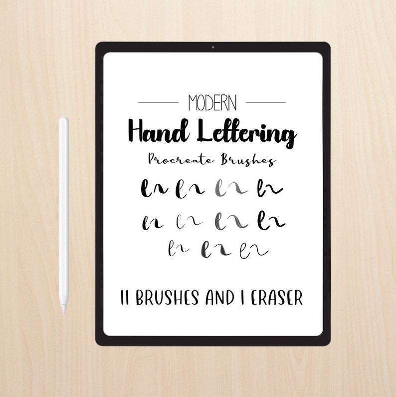 K&ouml;nnte beinhalten: Ein digitaler Tablet-Bildschirm zeigt einen Satz von 11 Procreate-Pinseln f&uuml;r Handschrift. Die Pinsel sind in verschiedenen Graut&ouml;nen dargestellt, mit dem Text "MODERN Hand Lettering Procreate Brushes" oben und "II BRUSHES AND I ERASER" unten.