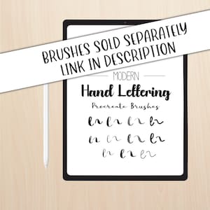 May include: A digital tablet screen displaying a preview of modern hand lettering Procreate brushes. The text "BRUSHES SOLD SEPARATELY LINK IN DESCRIPTION" is at the top of the screen. The text "MODERN Hand Lettering Procreate Brushes" is in the center of the screen. The screen shows a preview of the brushes in the form of the letter "e" written in different styles.