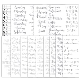 May include: A set of printable alphabet and calendar stickers in a gray color scheme. The stickers feature handwritten text for days of the week, months of the year, and holidays. The stickers are perfect for planners, journals, and other craft projects.