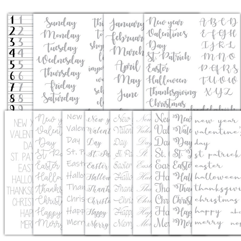 May include: A set of printable alphabet and calendar stickers in a gray color scheme. The stickers feature handwritten text for days of the week, months of the year, and holidays. The stickers are perfect for planners, journals, and other craft projects.