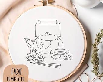 Japanisches Tee Set - Handstickvorlage - Gemütliche Stickerei - DIY Hoop Art - Stickmuster - Zitat