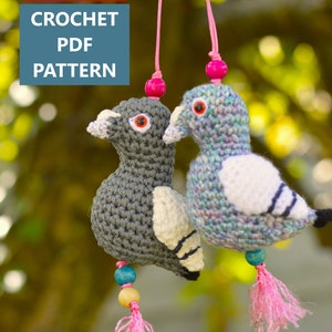 Pigeon Crochet DIGITAL PATTERN USA Terms, English Language for Bag Ornament or Key Ring