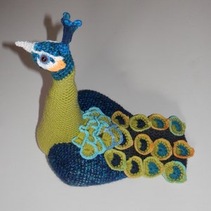 May include: A crocheted peacock toy with a green body, blue and green tail feathers, and a white and orange beak.