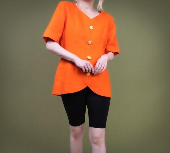 Vintage 90s bright neon orange gold button v neck