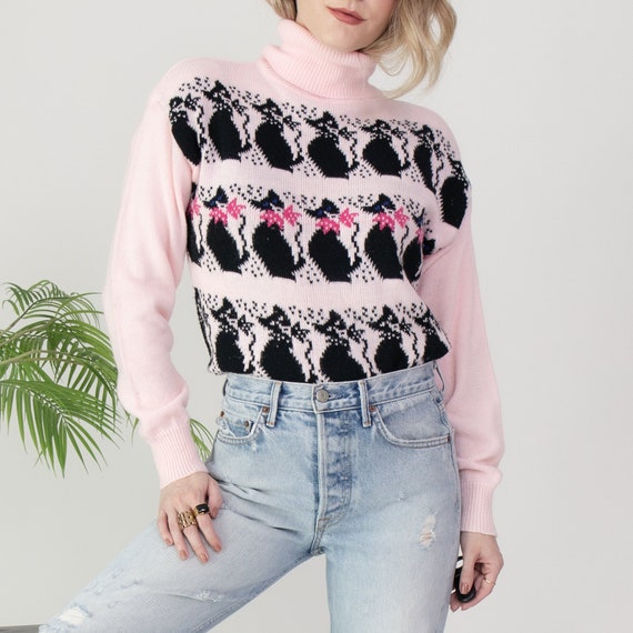Vintage 80s cat novelty kawaii turtleneck sweater